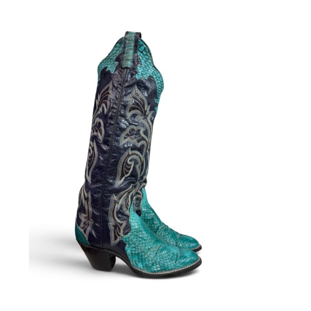 Larry Mahan Vintage 80s Tall Cowboy Boots Turquoise Snakeskin & Black Leather 6N